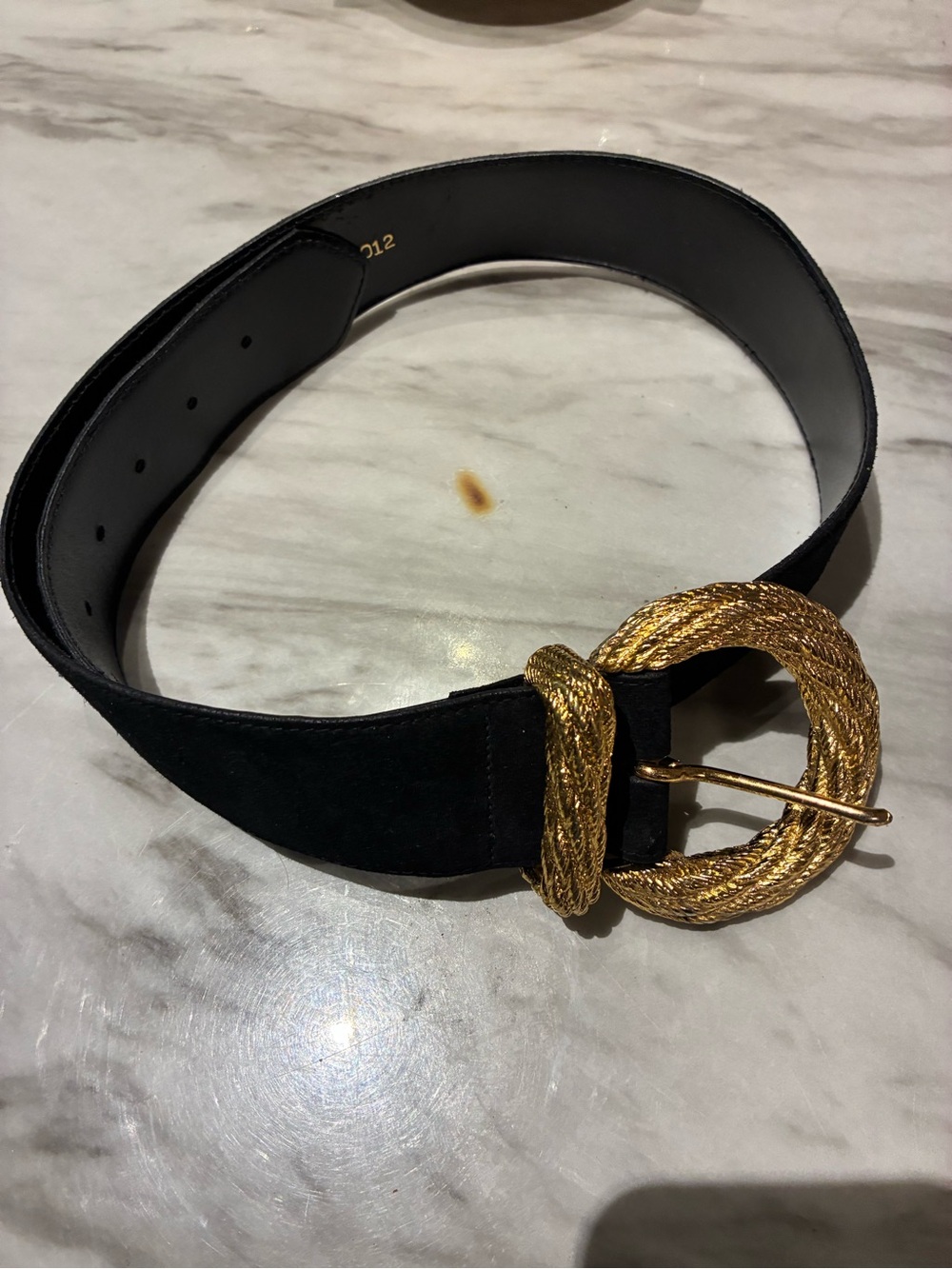 Ellen Tracy Black Suede Belt with Twisted Gold Knot Buckle